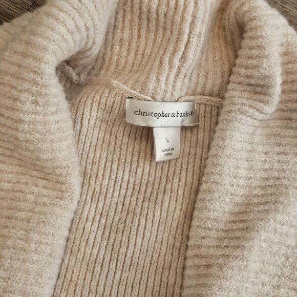 CHRISTOPHER & BANKS Cardigan Size L Soft Ribbed Open Front Pockets Oatmeal Tan - Picture 2 of 8